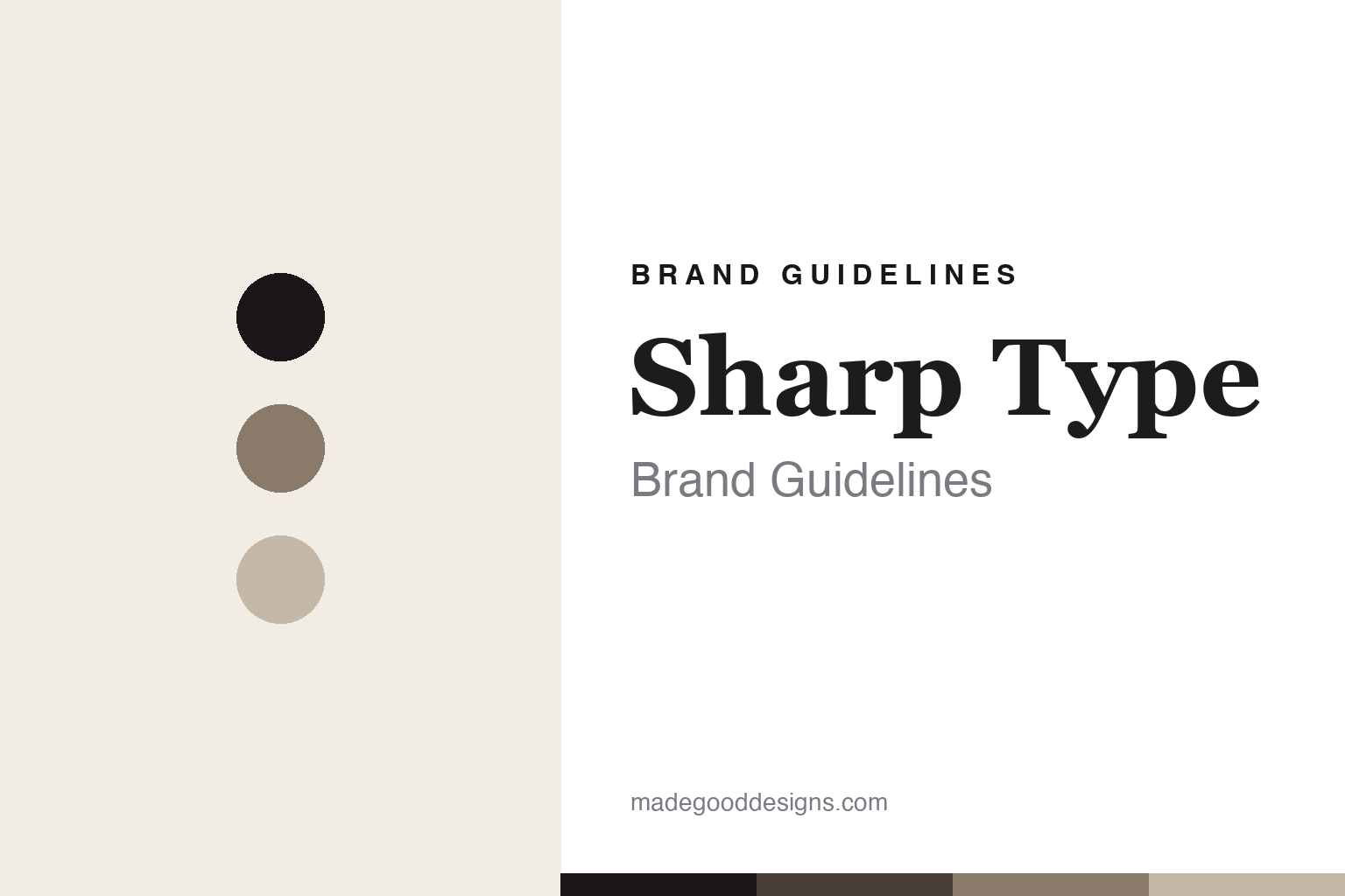 Sharp Type brand guidelines cover — ink, taupe and stone discs (abstract homage)