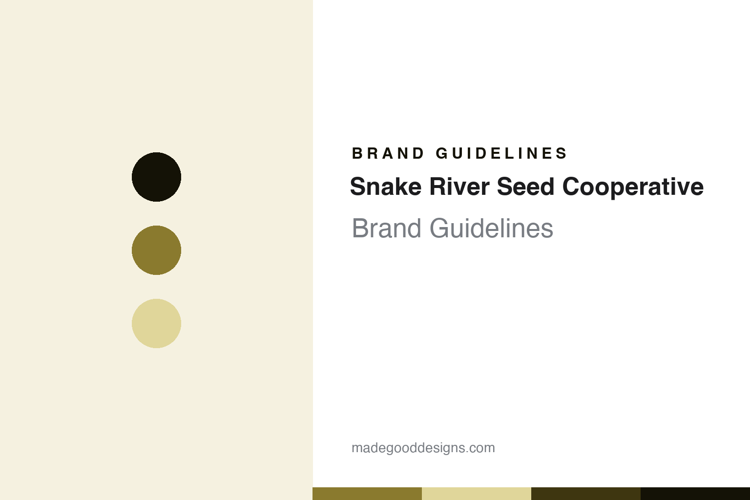 Snake River Seed Cooperative brand guidelines - abstract high-desert-olive colour discs and seed-packet-paper texture, an unofficial design homage