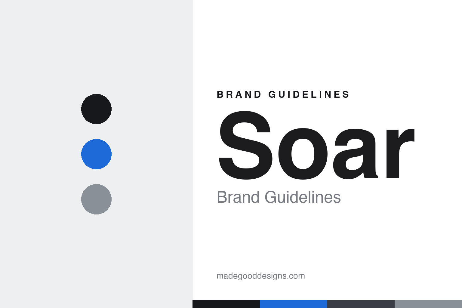 Soar Running brand guidelines cover — abstract technical colour discs (ink, signal blue, cool grey), not the Soar logo