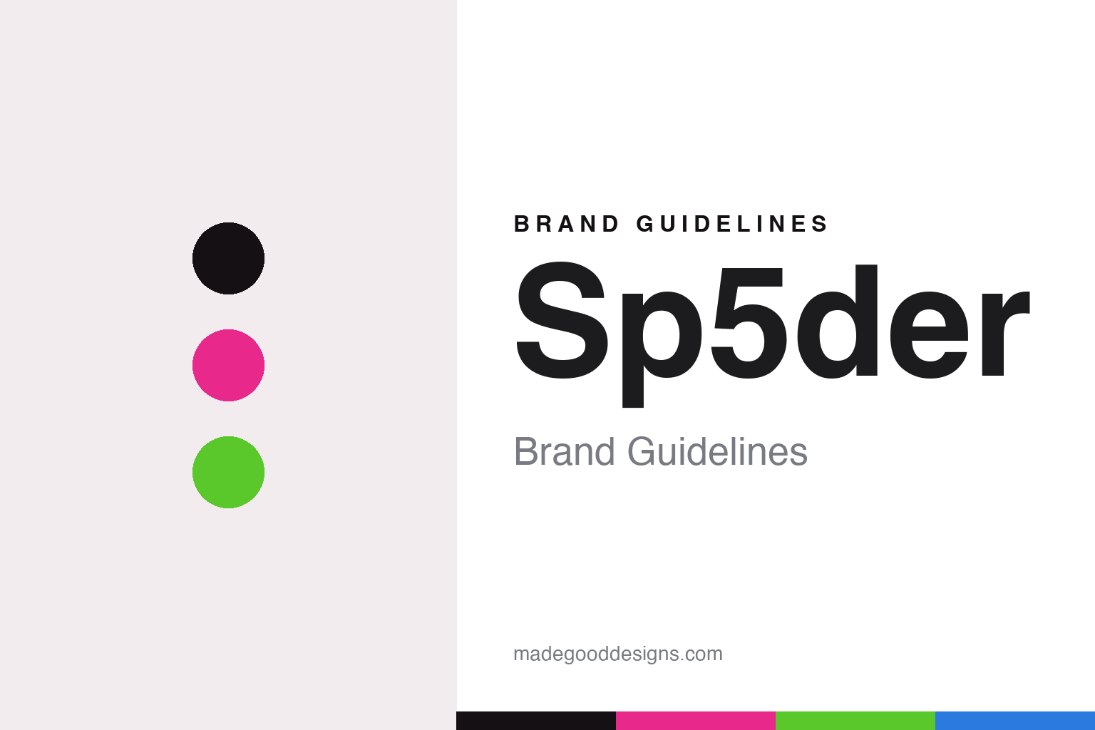 Sp5der brand guidelines cover — abstract hyper-bright colour discs (black, hot pink, acid green), not the Sp5der logo