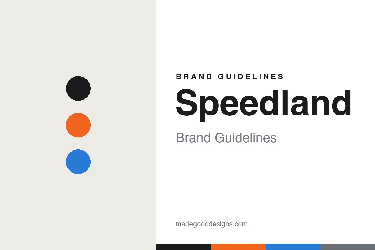 Speedland brand guidelines cover — abstract industrial-tech colour discs (carbon, performance orange, tech blue), not the Speedland logo