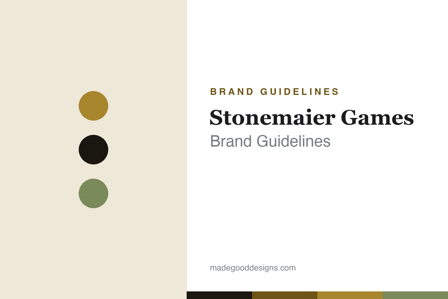 Stonemaier Games brand guidelines cover — brass and sage colour discs (abstract homage, not a Stonemaier asset)