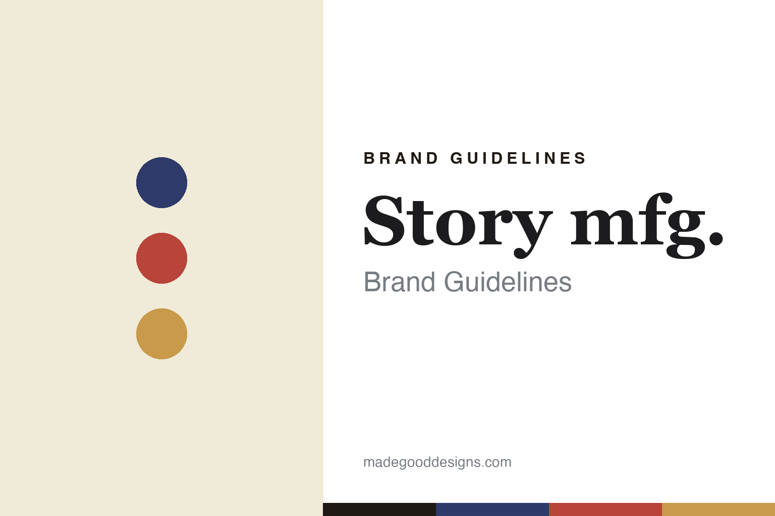 Story mfg. brand guidelines cover — abstract natural-dye colour discs (indigo, madder, ochre), not the Story mfg. logo