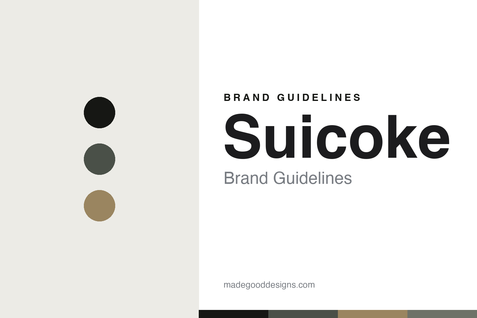 Suicoke brand guidelines — abstract colour-disc homage cover (olive grey and tan)