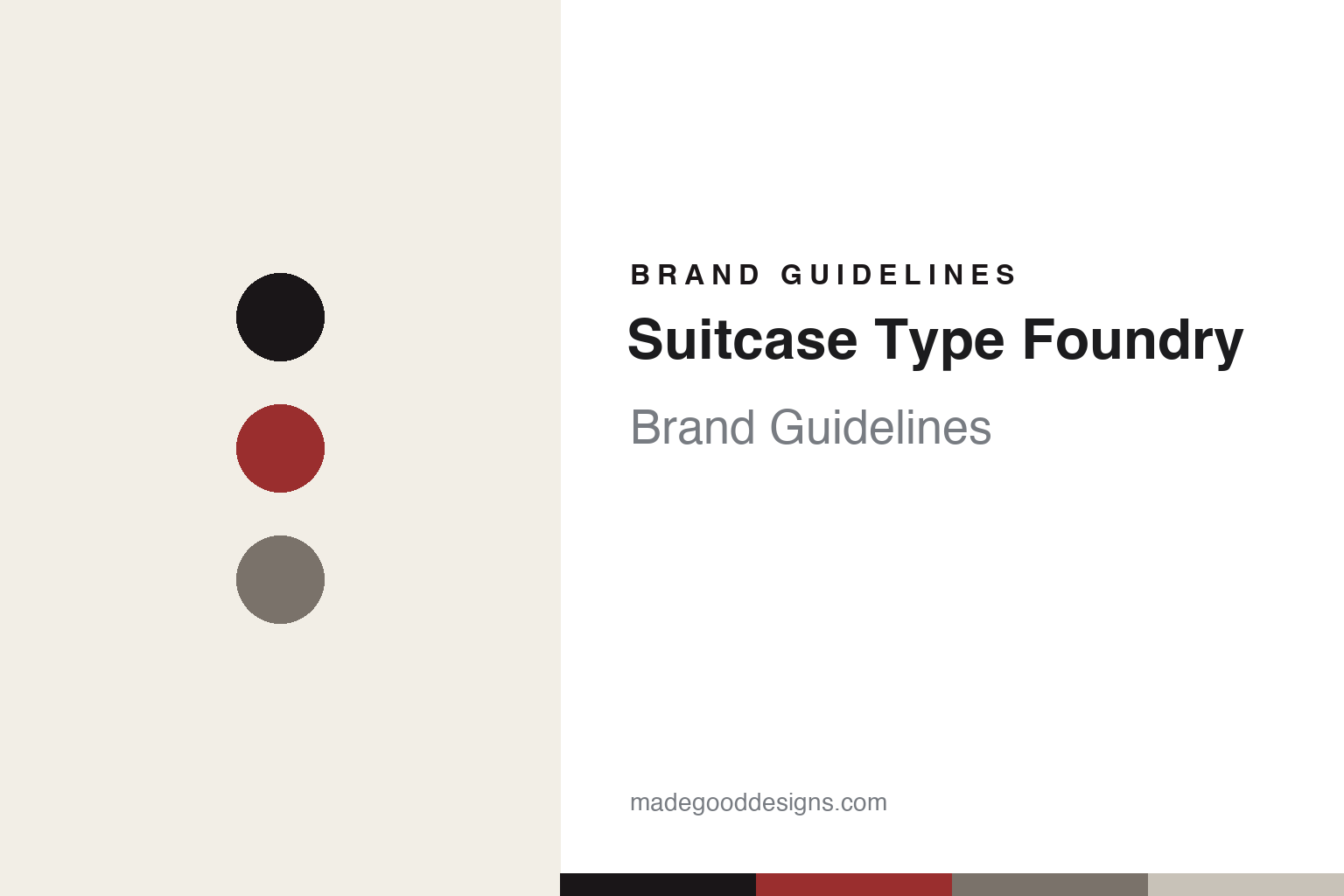 Suitcase Type Foundry brand guidelines cover — ink, deep-red and warm-grey discs (abstract homage)