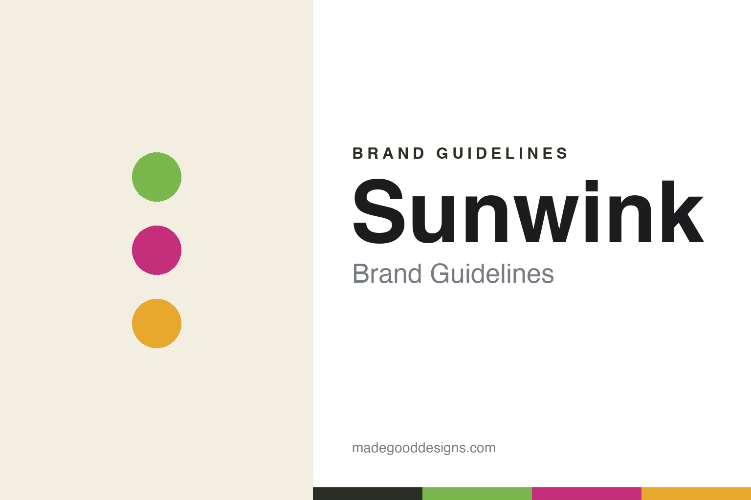 Sunwink brand guidelines cover — lime, berry and turmeric discs (abstract homage)