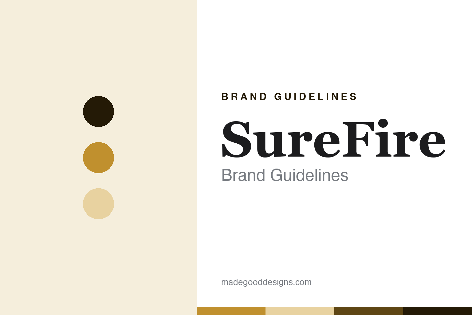 SureFire brand guidelines cover — abstract beam-gold palette discs and machined-aluminium texture (homage, not the SureFire logo)