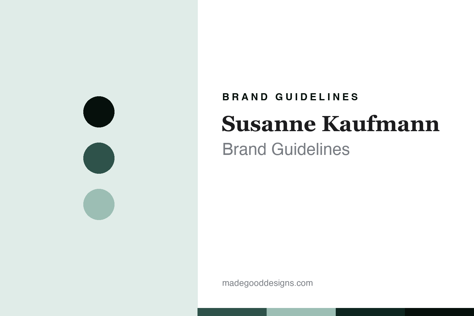 Susanne Kaufmann brand guidelines abstract homage cover: Alpine-green colour discs and botanical texture, not an official asset