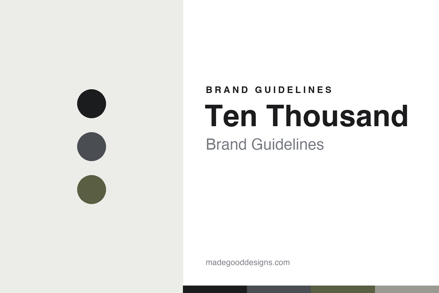 Ten Thousand brand guidelines cover — abstract essential colour discs (ink, graphite, olive), not the Ten Thousand logo