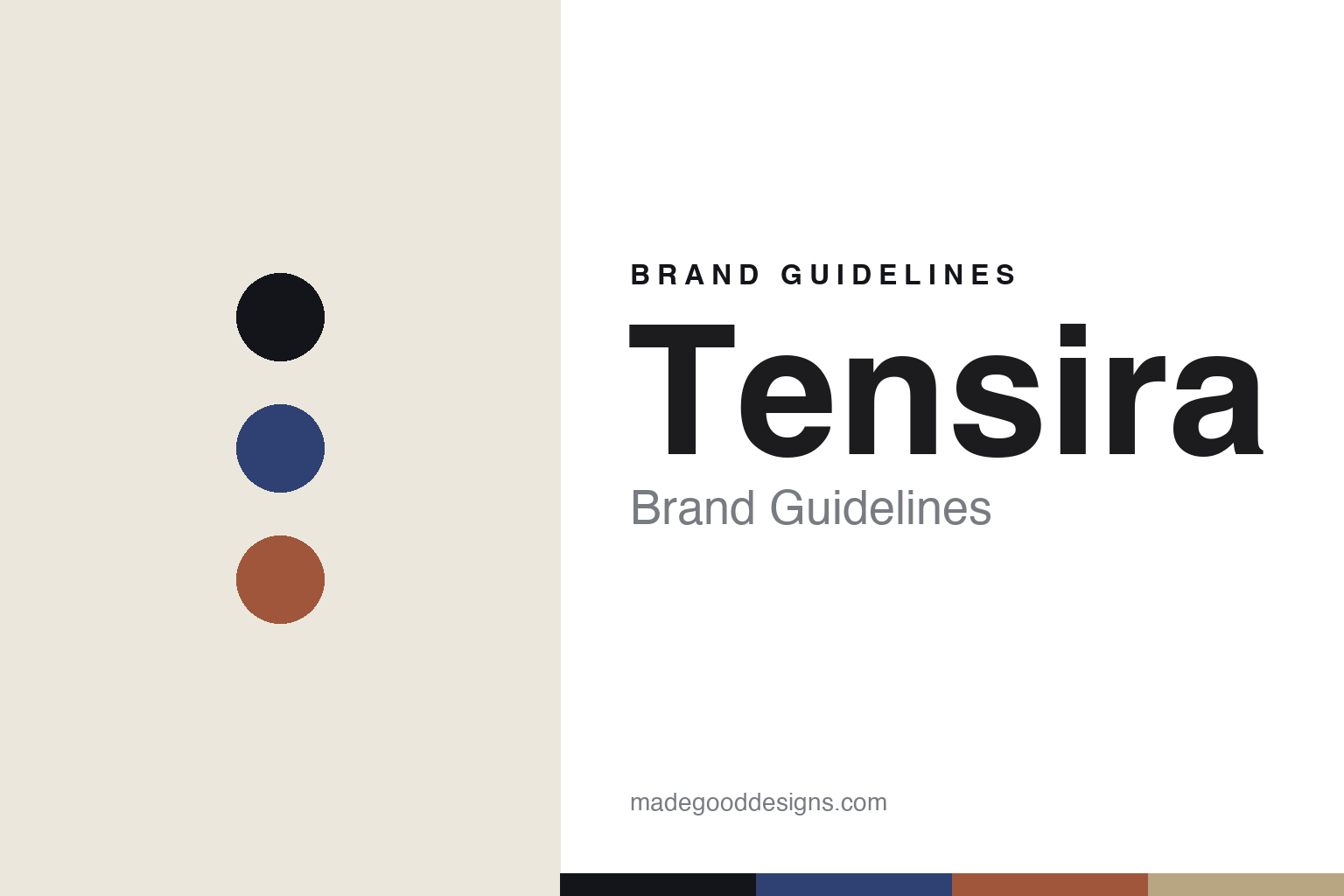 Tensira brand guidelines cover — indigo-and-ecru palette with abstract colour-disc homage (not the Tensira indigo or tie-dye)