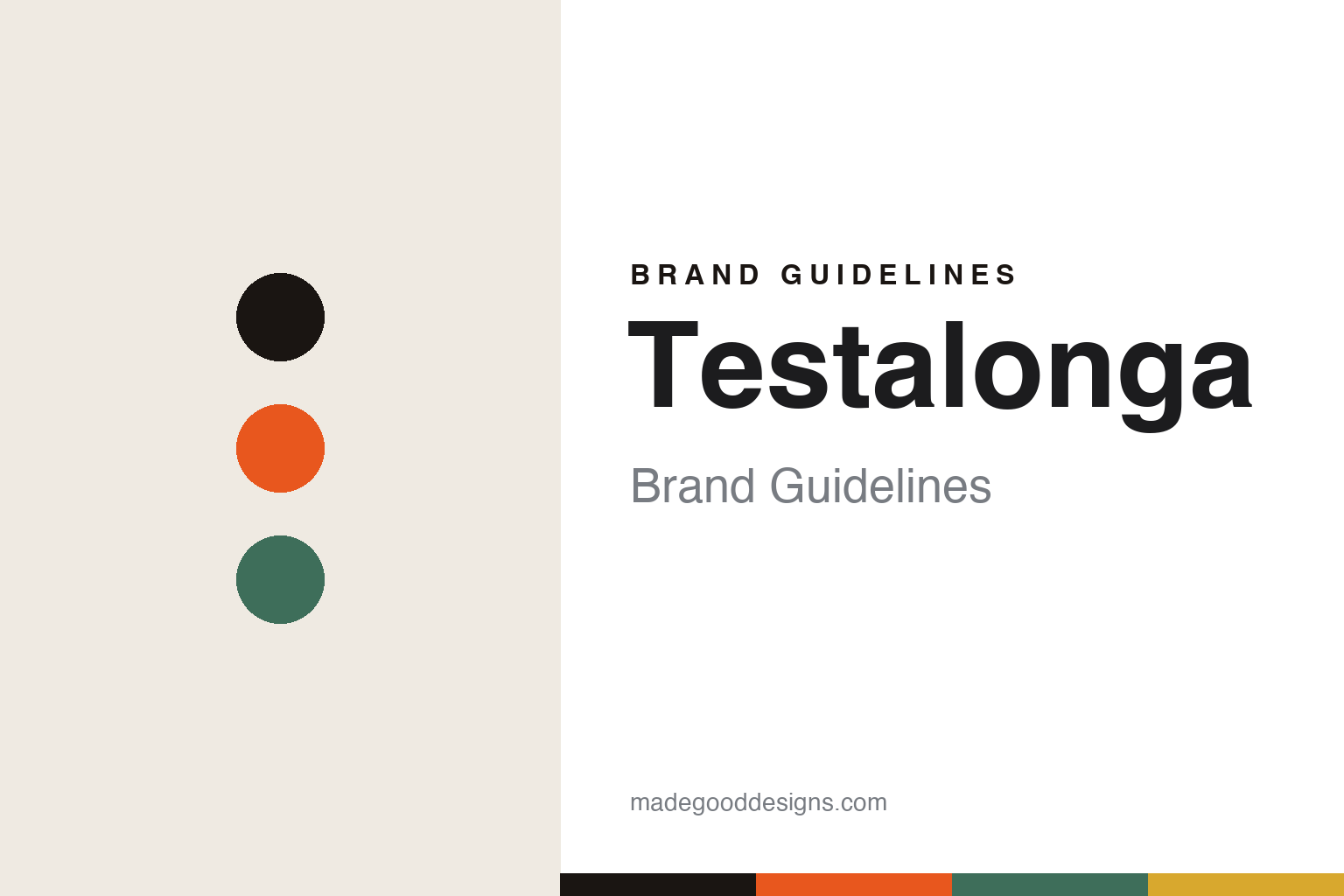 Testalonga brand guidelines cover — abstract colour-disc homage