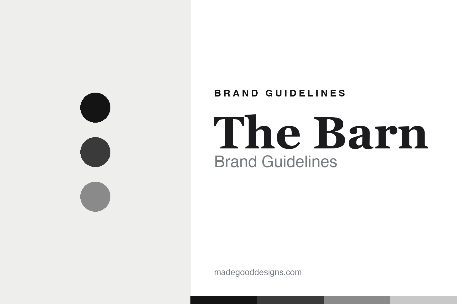 The Barn brand guidelines — abstract colour-disc homage cover, monochrome palette