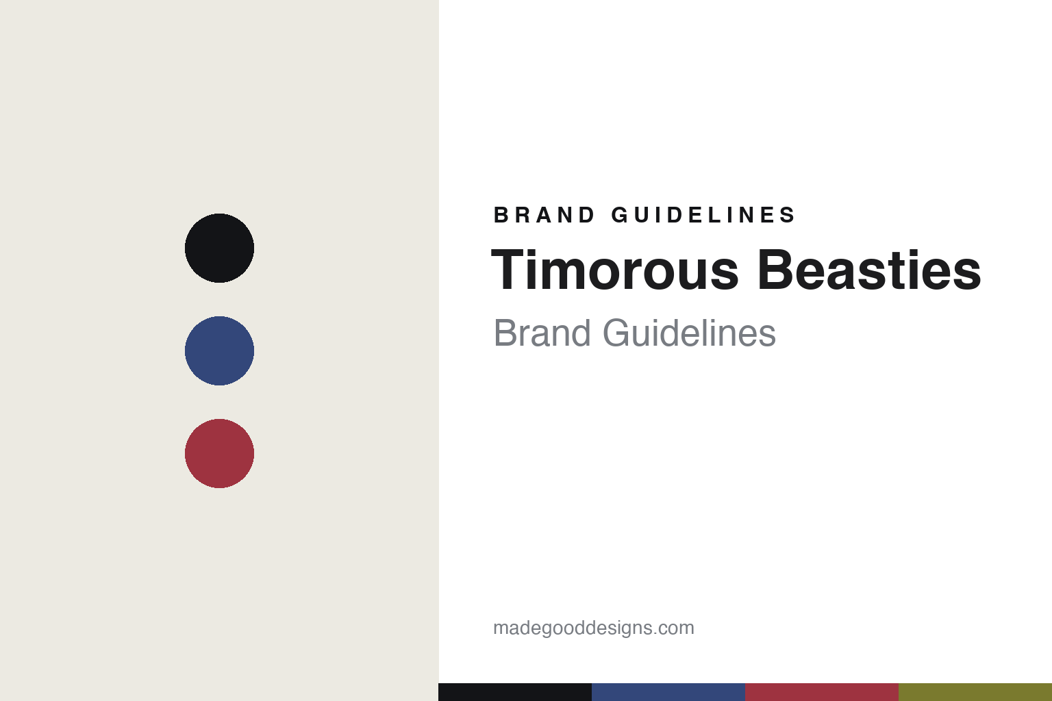 Timorous Beasties brand guidelines cover — indigo-and-blood palette with abstract colour-disc homage (not the Timorous Beasties toile)