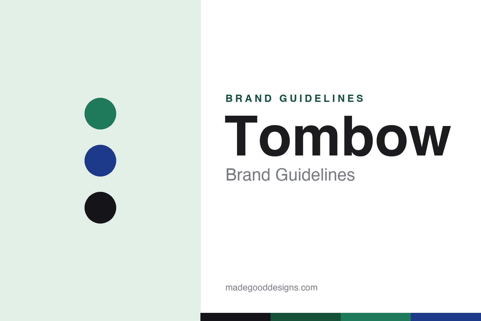 Tombow brand guidelines cover — dragonfly-green and MONO-stripe colour discs (abstract homage, not a Tombow asset)