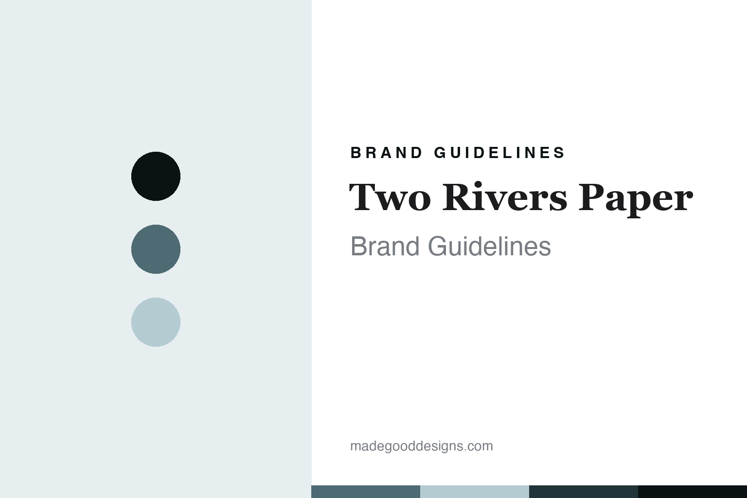 Two Rivers Paper brand guidelines cover, abstract colour discs and handmade-deckle texture in river slate