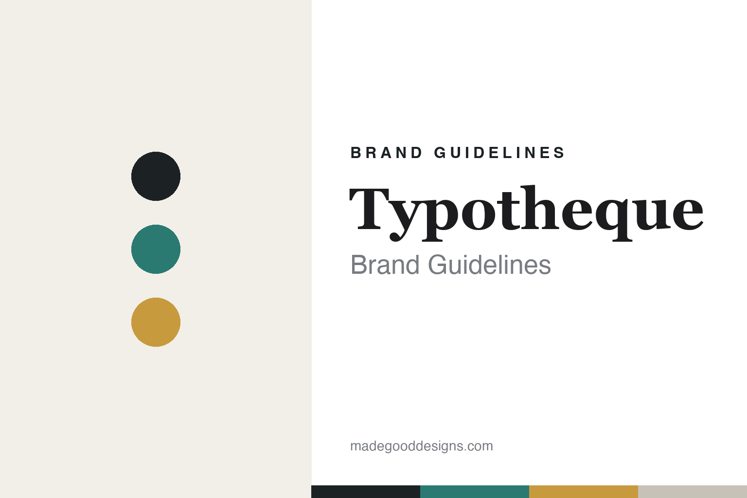 Typotheque brand guidelines cover — ink, teal and ochre discs (abstract homage)