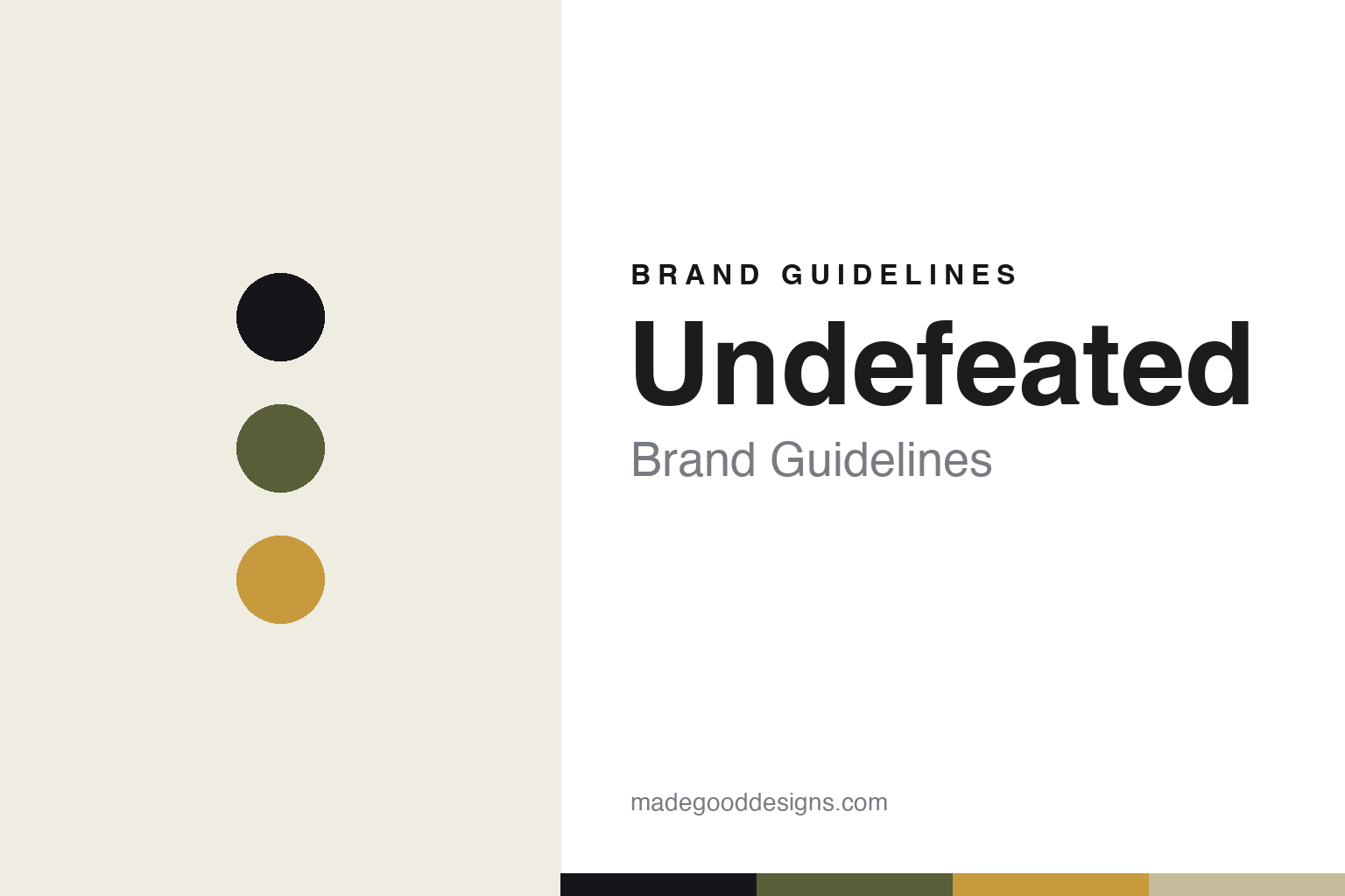 Undefeated brand guidelines cover — ink, olive and gold discs (abstract homage)