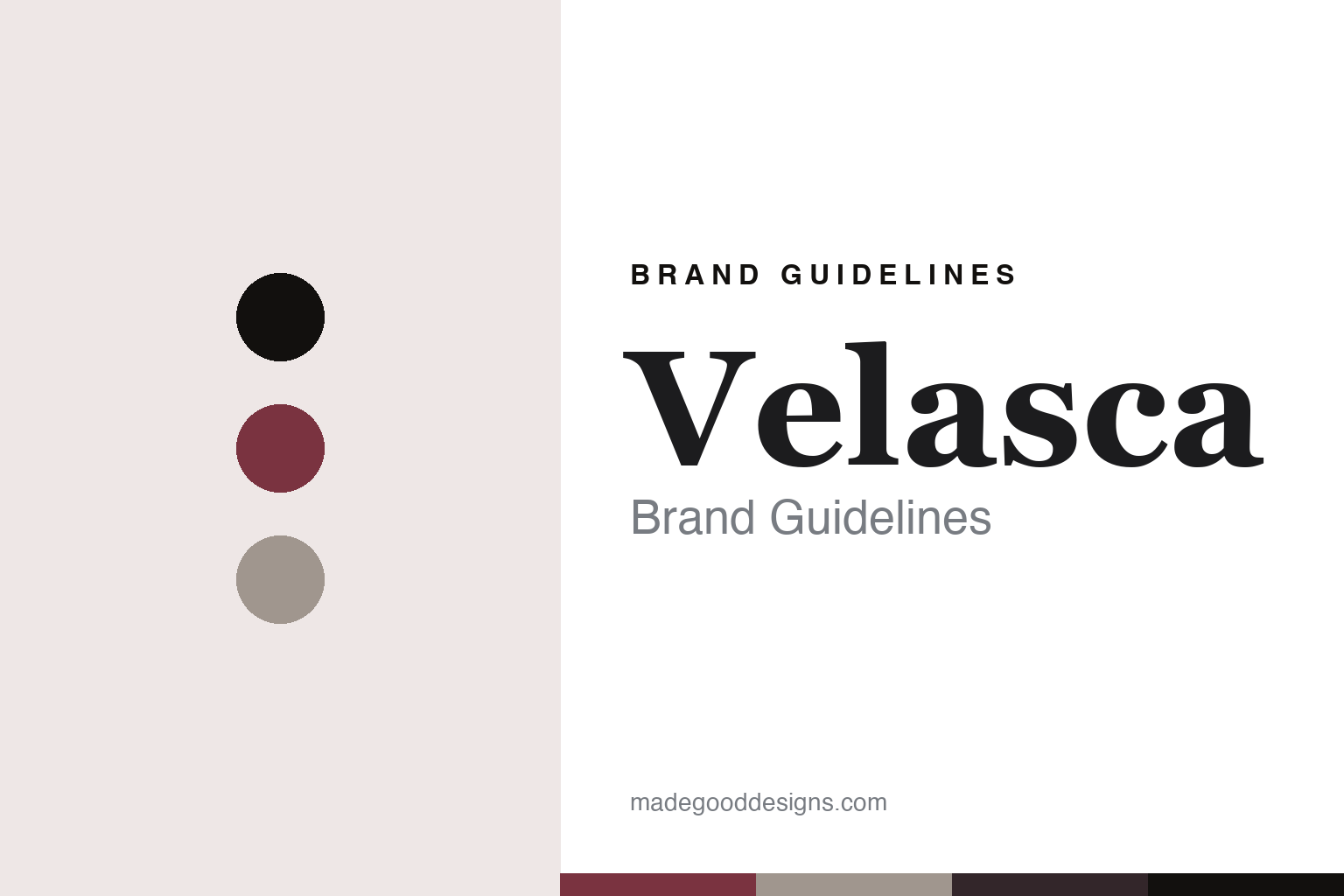 Abstract brand-guidelines cover for Velasca — Milan-wine colour discs and leather-texture swatches (original homage; not a Velasca shoe, last or logo).