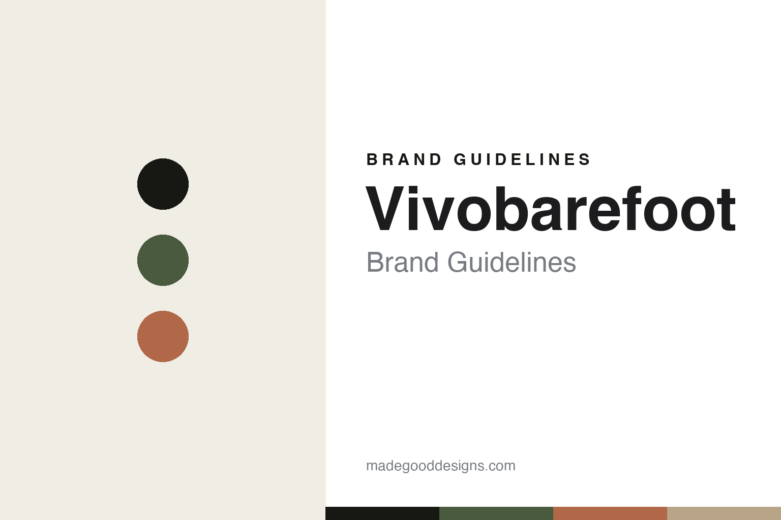 Vivobarefoot brand guidelines — abstract colour-disc homage cover (moss and terracotta)