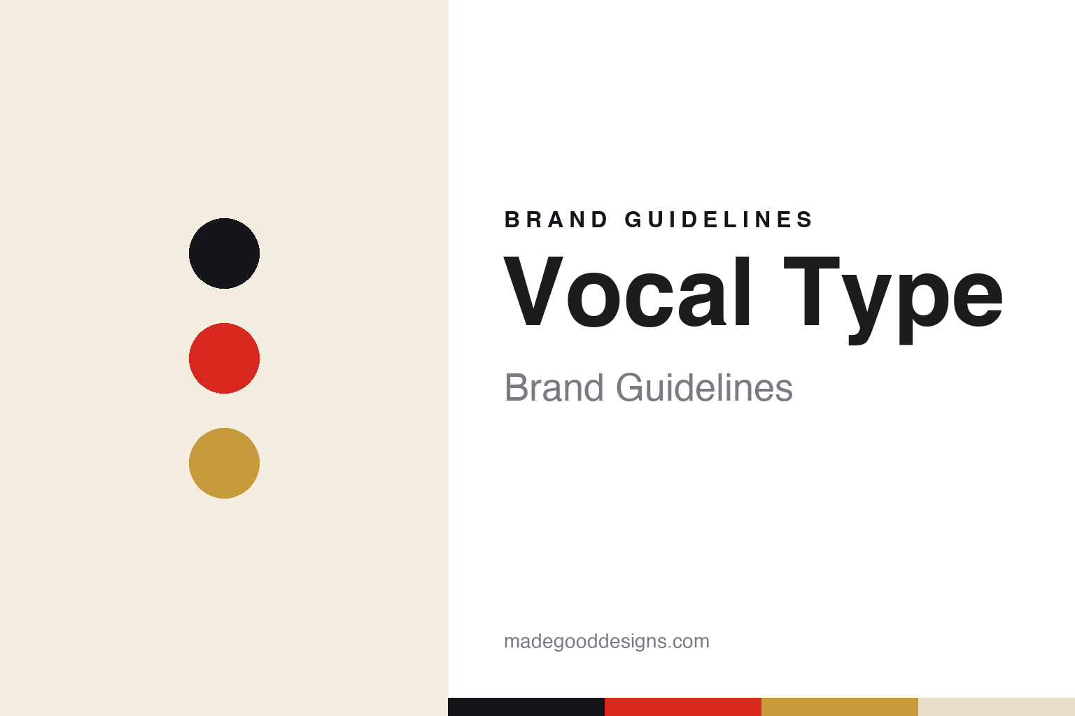 Vocal Type brand guidelines cover — ink, signal-red and gold discs (abstract homage)