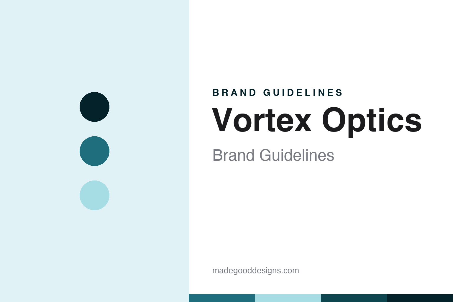 Vortex Optics brand guidelines cover — abstract optic-teal palette discs and optical-glass texture (homage, not the Vortex logo)