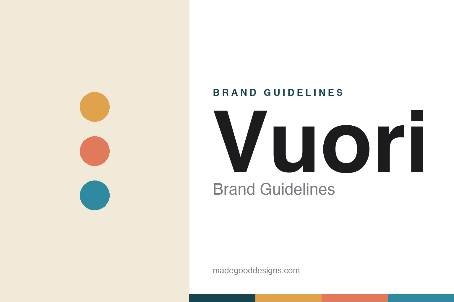 Abstract homage cover for Vuori brand guidelines — sunrise-gold, coral and ocean-blue discs