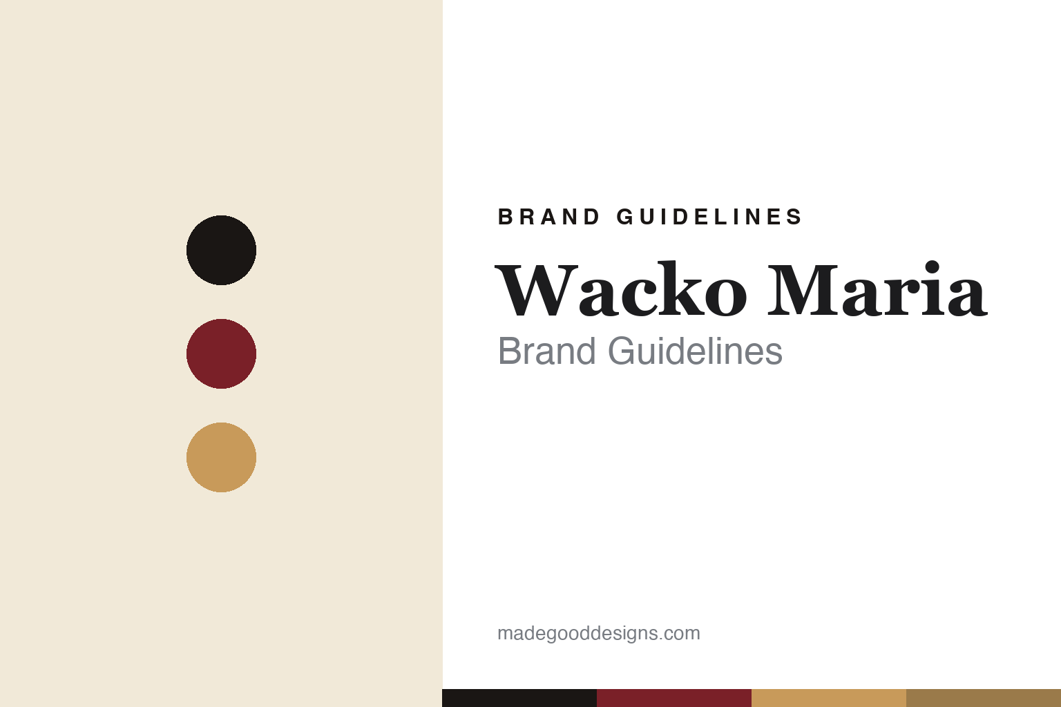 Wacko Maria brand guidelines cover — abstract vintage-lounge colour discs (ink, oxblood, leopard tan), not the Wacko Maria logo