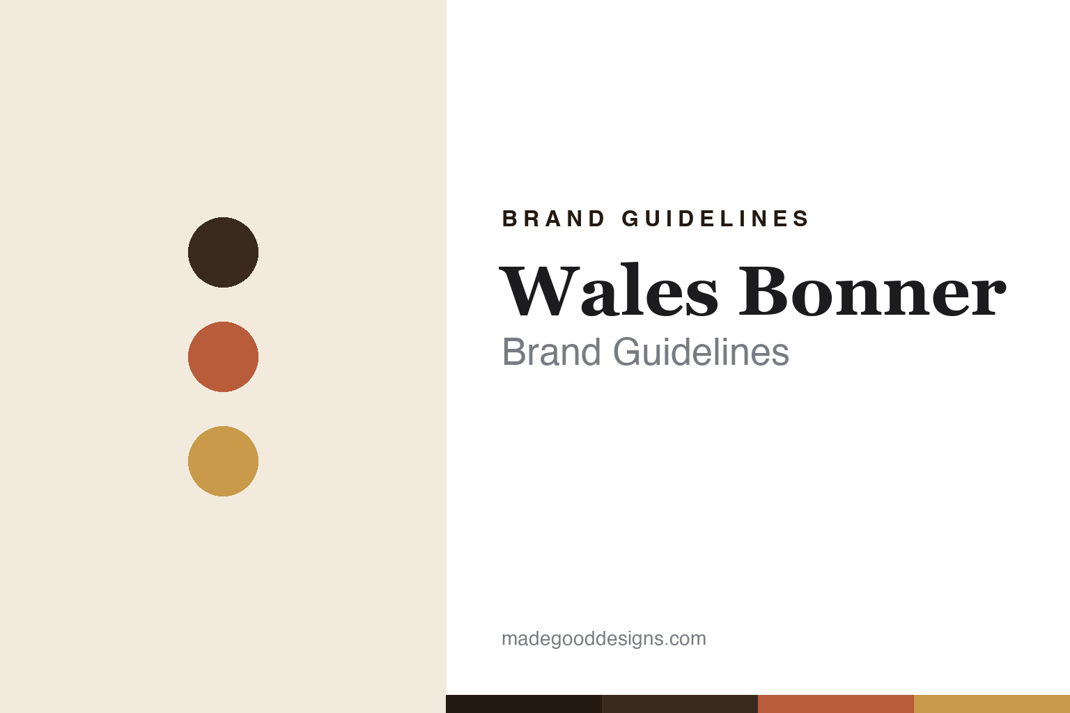 Wales Bonner brand guidelines cover — abstract earthy-luxe colour discs (deep brown, terracotta, gold), not the Wales Bonner logo