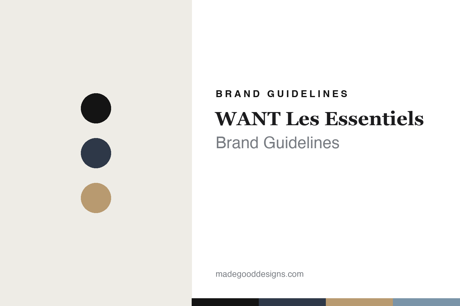 WANT Les Essentiels brand guidelines — abstract navy-and-tan colour-disc homage cover; no logo reproduced.