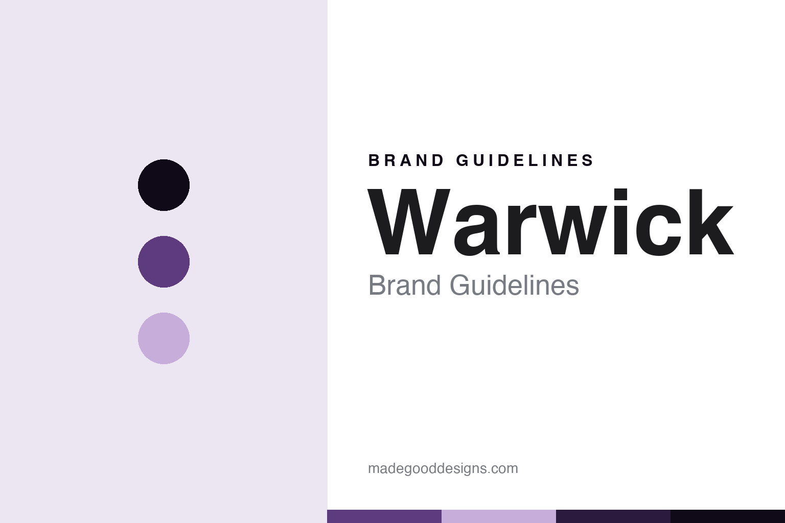 Warwick brand guidelines cover, abstract colour discs and tonewood-grain texture in purpleheart