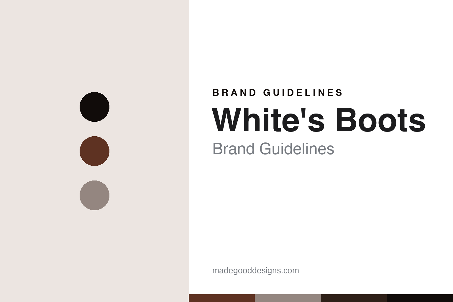 Abstract brand-guidelines cover for White's Boots — work-boot-brown colour discs and leather-texture swatches (original homage; not a White's Boots boot, last or logo).