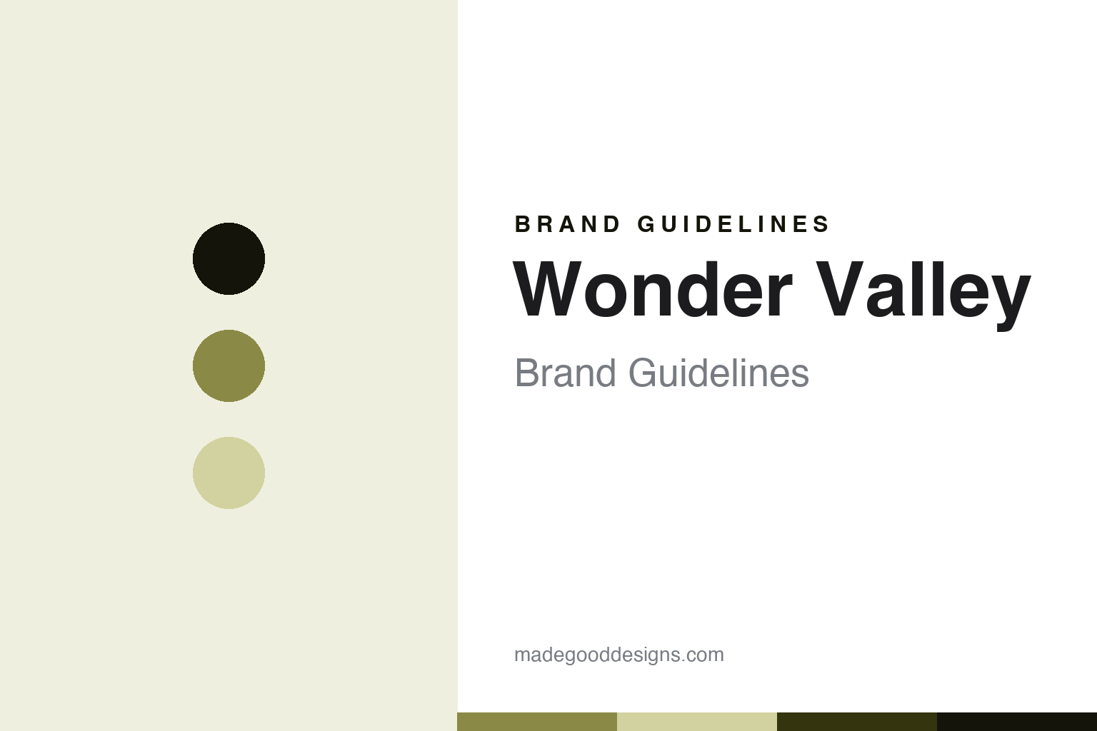 Wonder Valley brand guidelines — abstract homage cover in olive khaki and pale olive with a minimalist-sans register