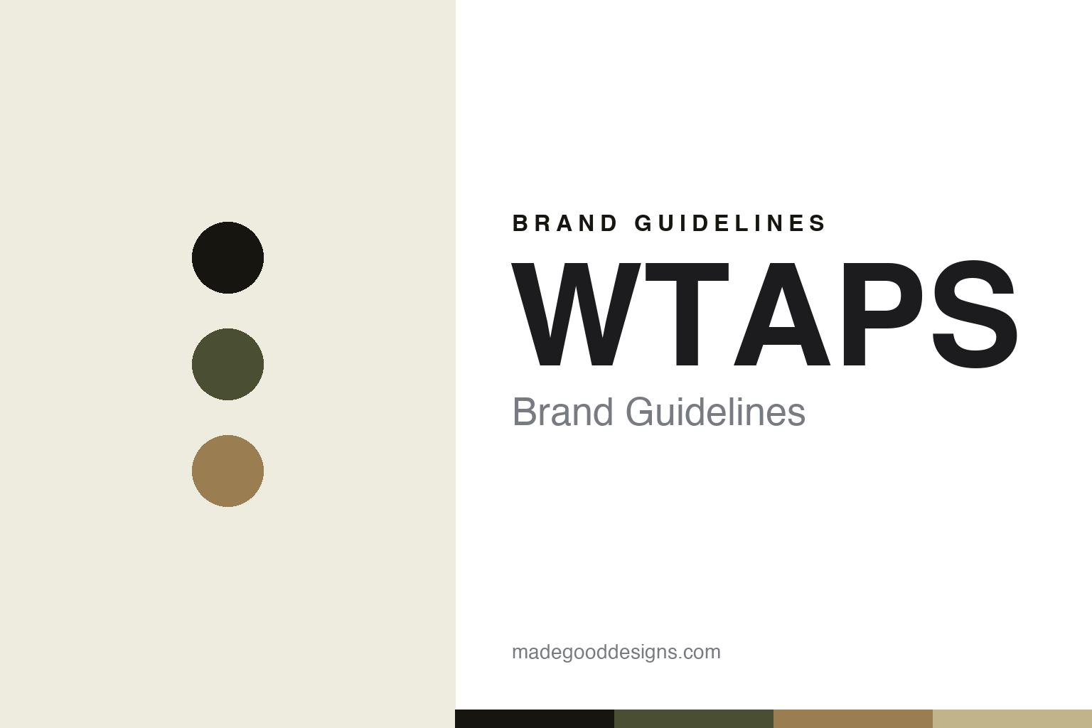 WTAPS brand guidelines cover — abstract military-utility colour discs (black, olive, coyote), not the WTAPS logo