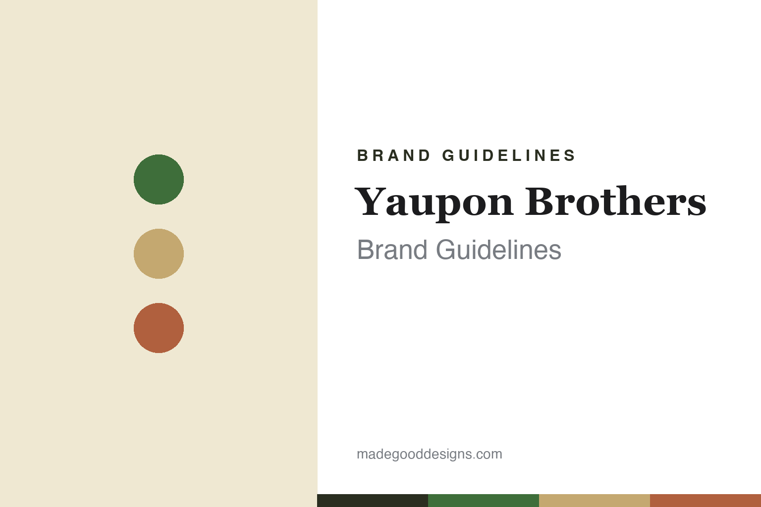 Yaupon Brothers brand guidelines cover — yaupon-green, kraft and terracotta discs (abstract homage)