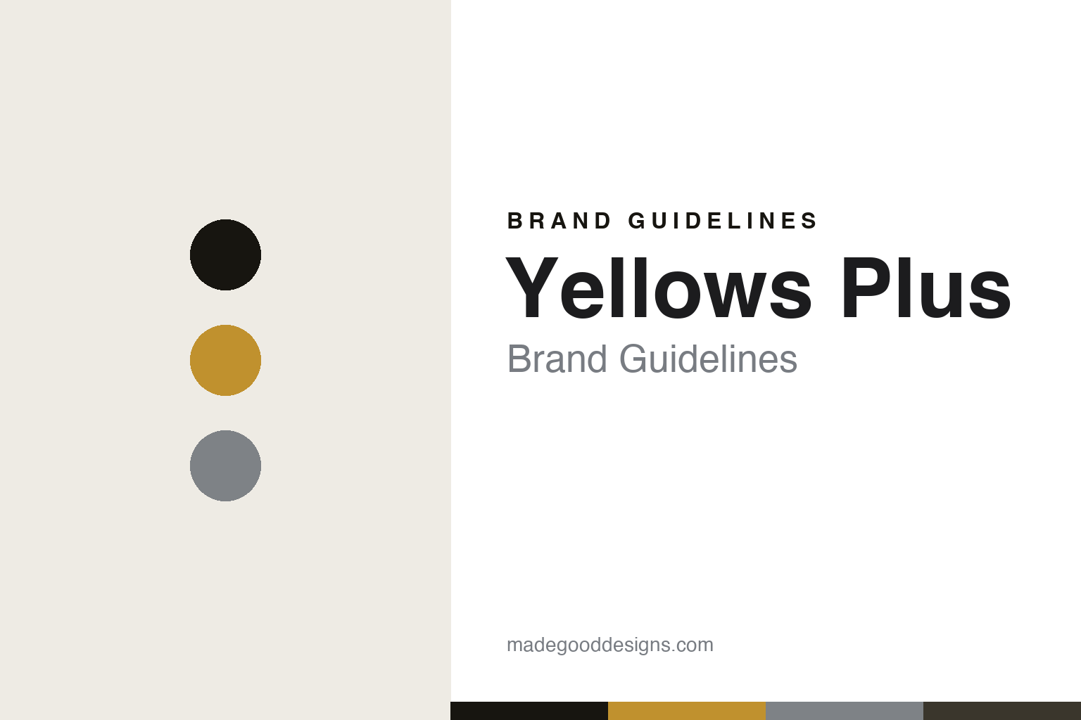 Abstract brand-guideline cover for Yellows Plus — amber, ink and titanium colour discs with a palette band (unofficial homage; no logo or frame reproduced).