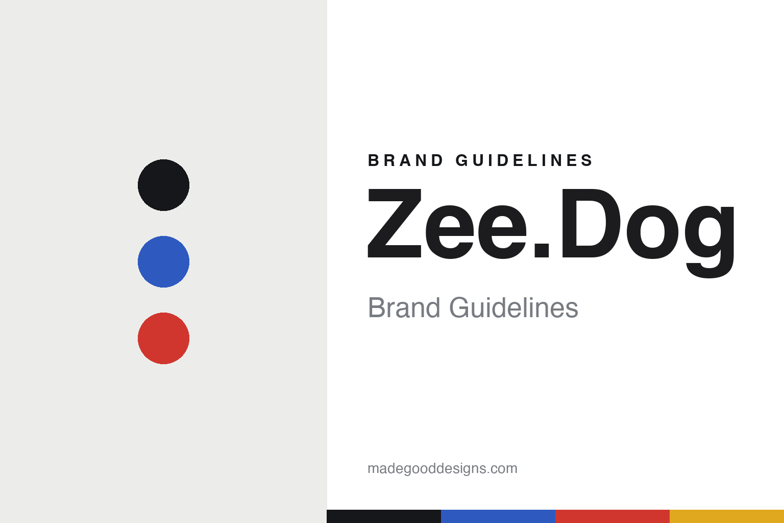 Zee.Dog brand guidelines cover — abstract colour-disc homage