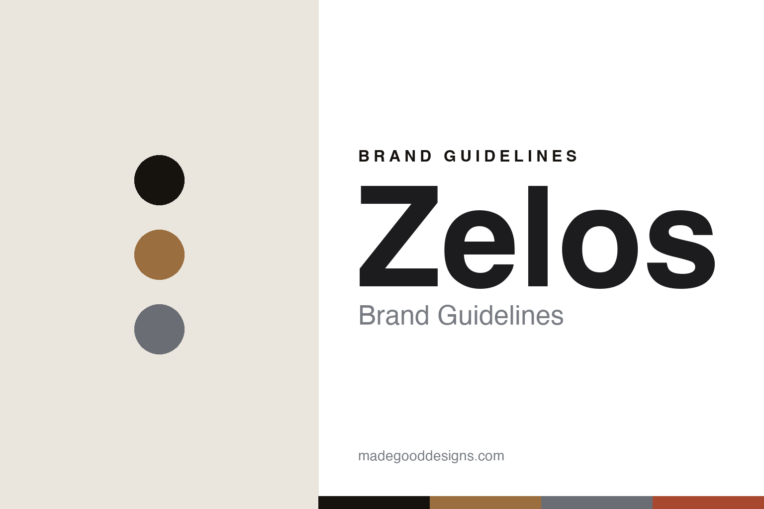 Zelos brand guidelines — abstract colour-disc homage (bronze and meteorite), not the Zelos watches